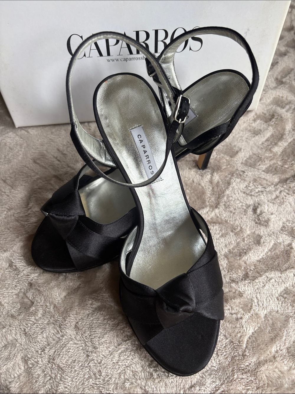 Caparros Black Satin Knot Open-Toe Slingback Heels